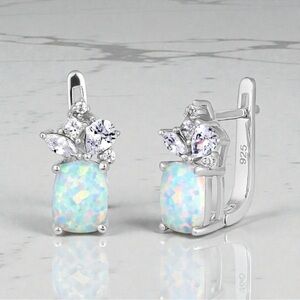 Sterling Silver White Lab Opal and CZ Cluster Earrings